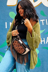 Spinach Green Oversize Crochet Knit Open Cardigan Cardigans JT's Designer Fashion