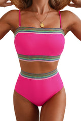 Rose Red Contrast Banding Tube Bikini High Waist 2pcs Swimsuit High Waisted Swimsuit JT's Designer Fashion