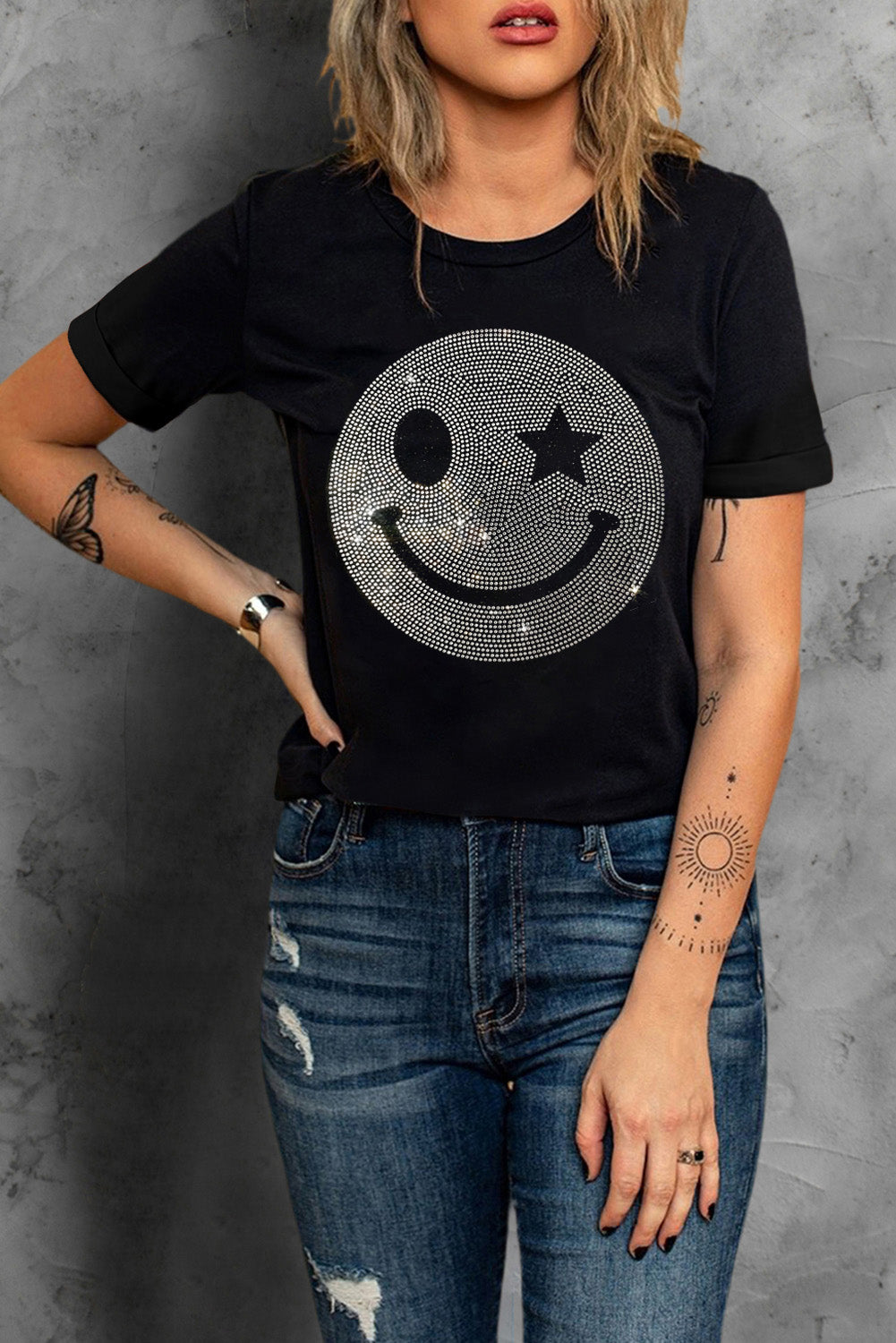 Black Sparkle Rhinestone Smile Face Graphic T Shirt Graphic Tees JT's Designer Fashion
