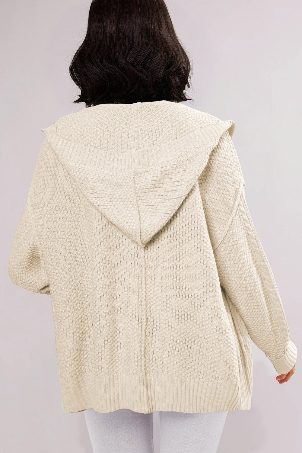 White Cable Knit Texture Uneven Hem Hooded Chic Cardigan Cardigans JT's Designer Fashion