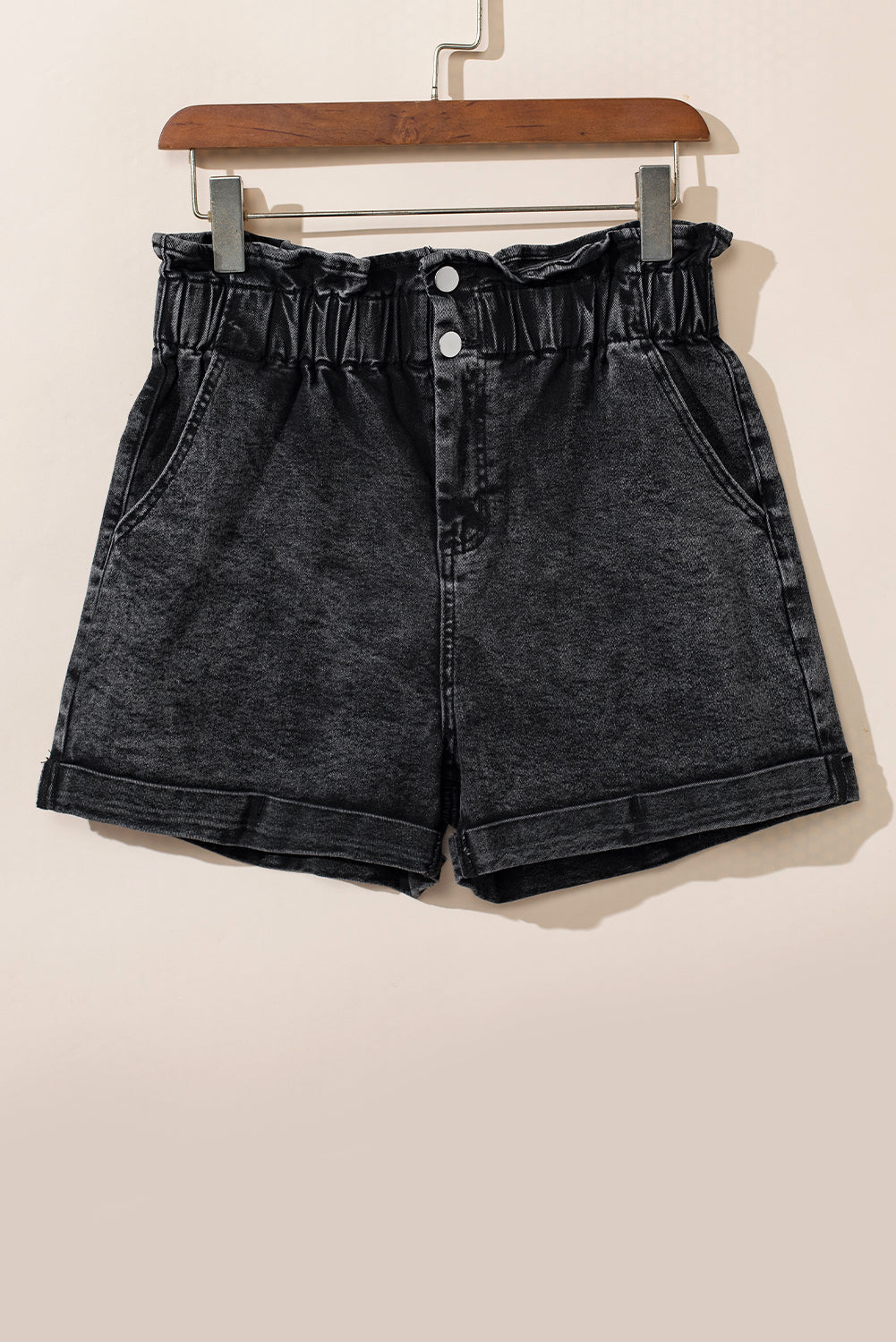 Black Vintage Washed Frilled High Waist Denim Shorts Denim Shorts JT's Designer Fashion