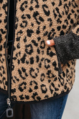 Khaki Leopard Print Zip Up Stand Neck Side Pocket Jacket Jackets JT's Designer Fashion