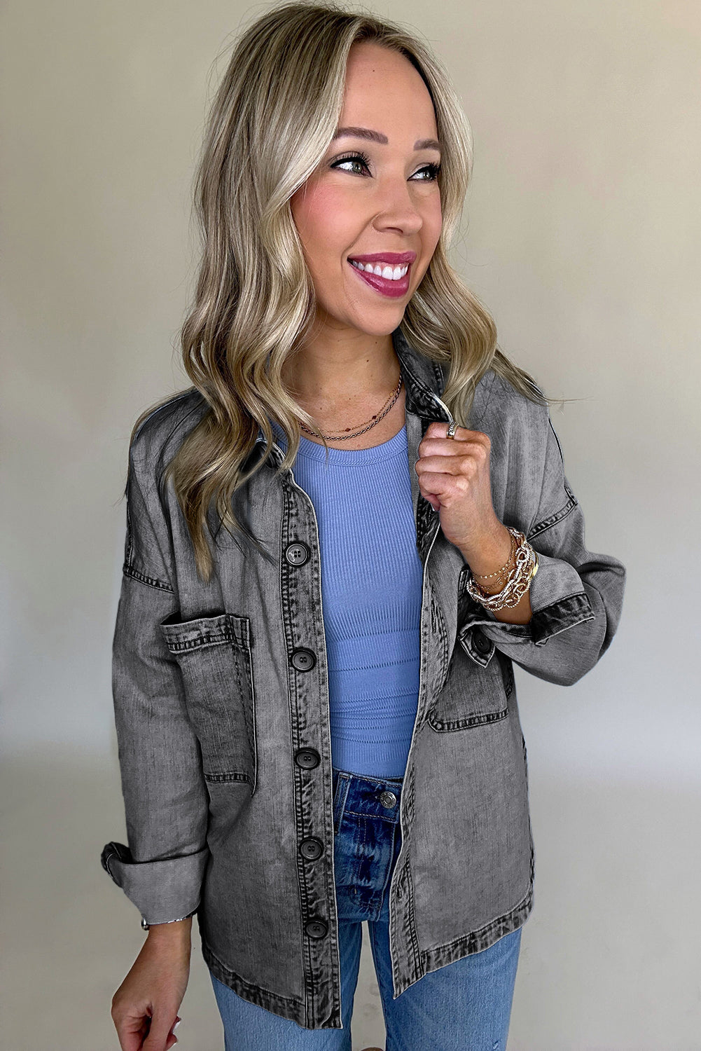 Medium Grey Mineral Wash Patched Pocket Split Denim Jacket Denim Jackets JT's Designer Fashion