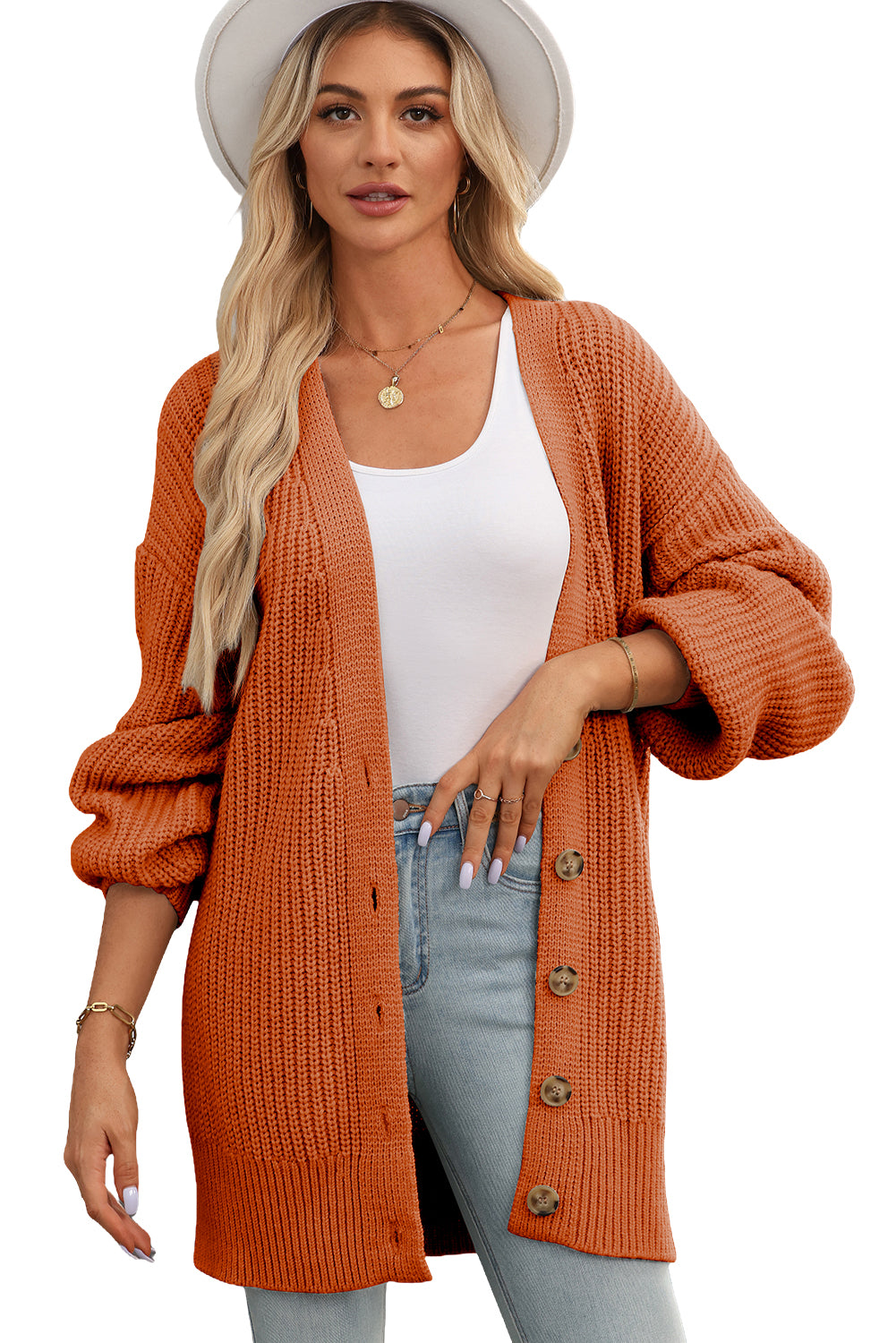 Gold Flame Button Front V Neck Chunky Cardigan Sweater Cardigans JT's Designer Fashion