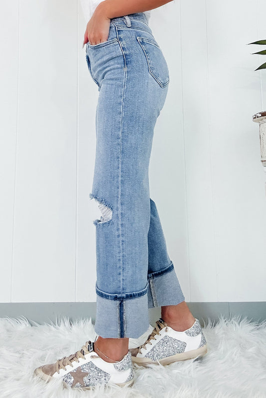 Dusk Blue High Rise Asymmetric Button Zip Fly Ripped Jeans Jeans JT's Designer Fashion