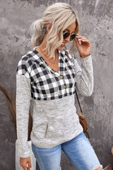 Black Plaid Splicing Pocketed Hoodie Sweatshirts & Hoodies JT's Designer Fashion