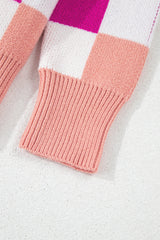 Pink Checkered Ribbed Edge O Neck Drop Shoulder Sweater Sweaters JT's Designer Fashion