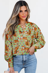 Green Tiger Floral Printed Collared V Neck Casual Shirt Green 100%Polyester Blouses & Shirts JT's Designer Fashion