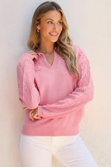 Peach Blossom Flower Detail Knitted Notched Neck Sweater Sweaters JT's Designer Fashion