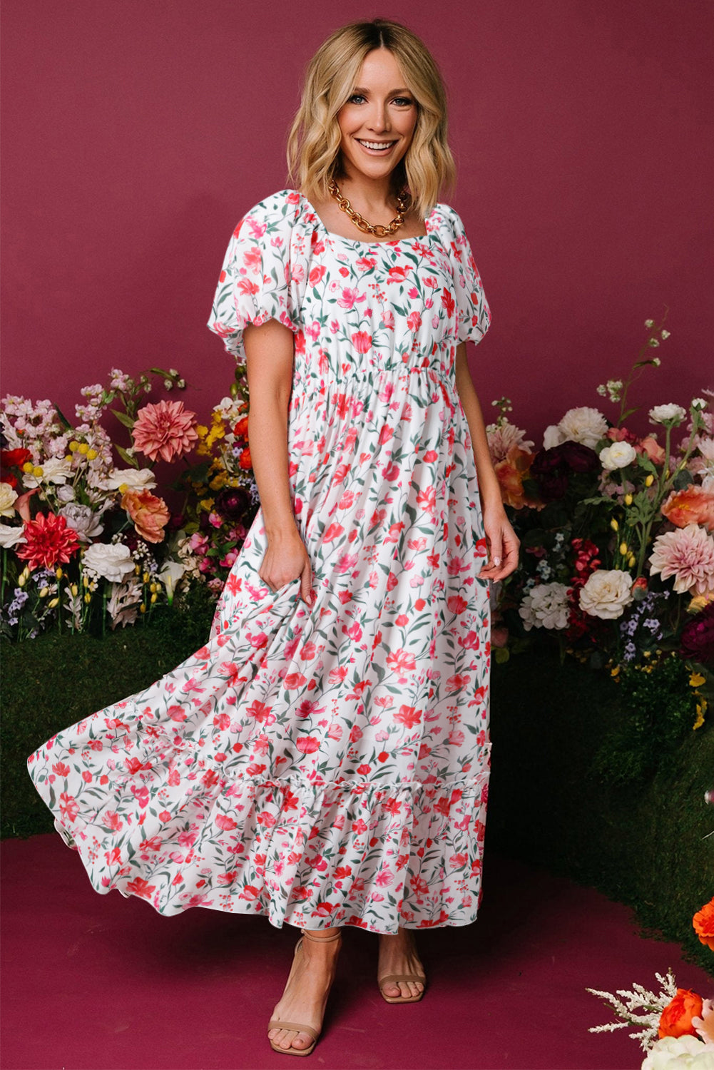Pink Floral Puff Sleeve Square Neck Empire Waist Tiered Maxi Dress Floral Dresses JT's Designer Fashion