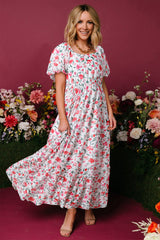 Pink Floral Puff Sleeve Square Neck Empire Waist Tiered Maxi Dress Floral Dresses JT's Designer Fashion