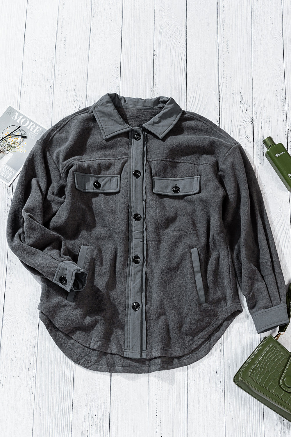 Gray Turn Down Collar Buttoned Shirt Jacket Jackets JT's Designer Fashion