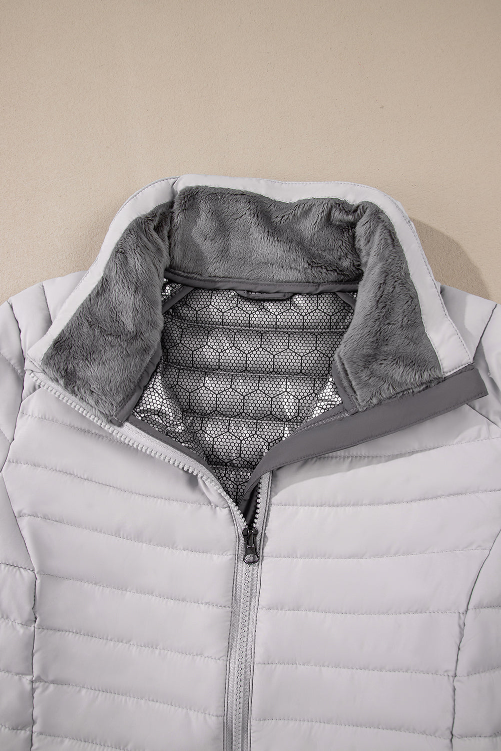 Silvery Solid Color Quilted Zip-up Puffer Jacket Jackets JT's Designer Fashion