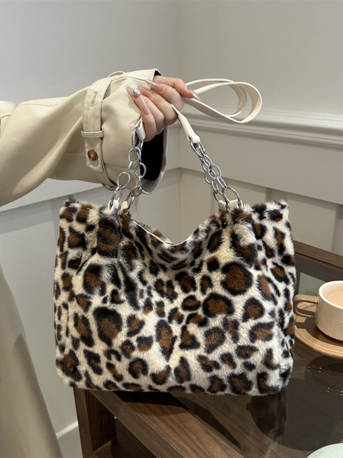 Faux Fur Leopard Shoulder Bag Beige One Size Shoulder Bags JT's Designer Fashion