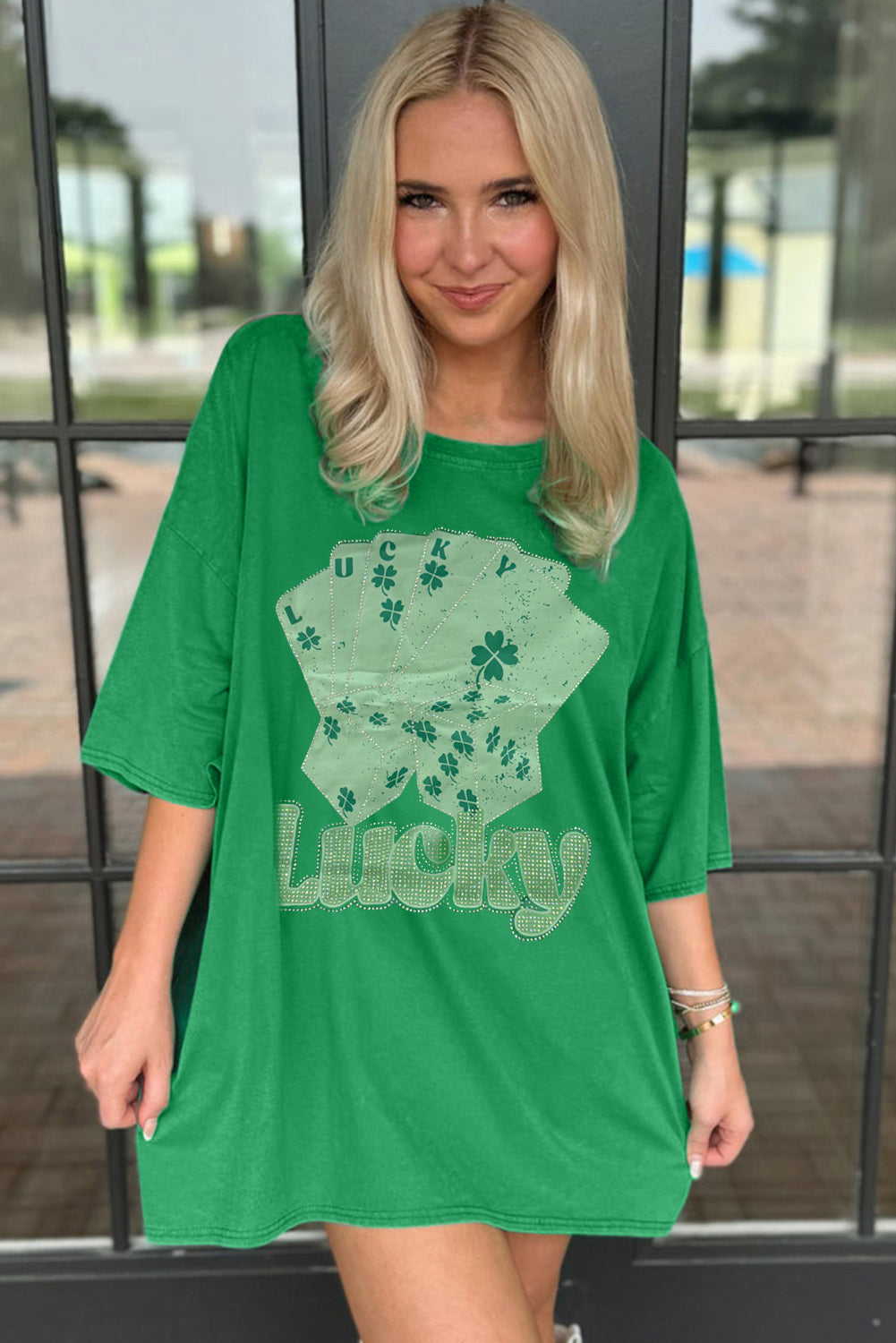 Bright Green Rhinestone Lucky Poker Cards Oversized T Shirt Mini Dress T Shirt Dresses JT's Designer Fashion