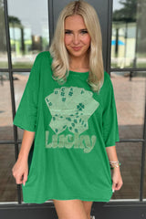 Bright Green Rhinestone Lucky Poker Cards Oversized T Shirt Mini Dress T Shirt Dresses JT's Designer Fashion