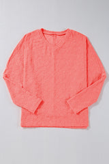 Apricot Pink Oversized Floral Jacquard V Neck Long Sleeve Top Long Sleeve Tops JT's Designer Fashion