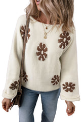 White Colorblock Floral Pattern Round Neck Sweater Sweaters JT's Designer Fashion