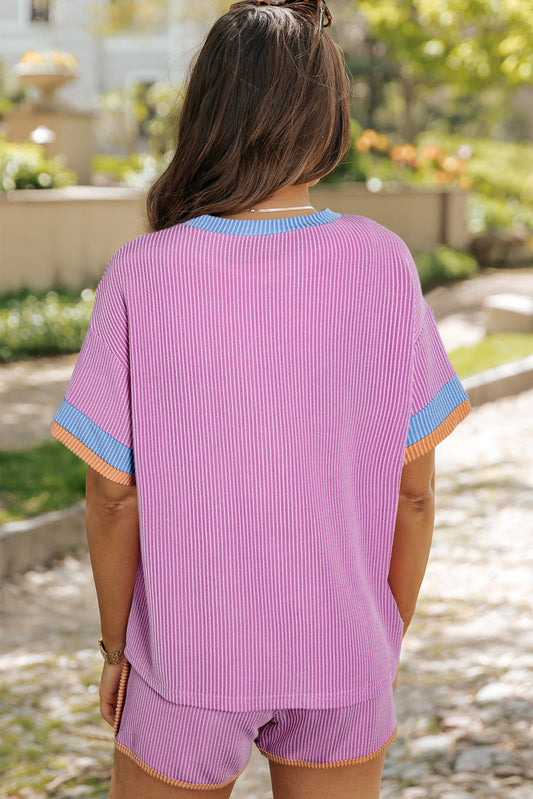 Phalaenopsis Contrast Trim Corded Texture Short 2pcs Set Short Sets JT's Designer Fashion