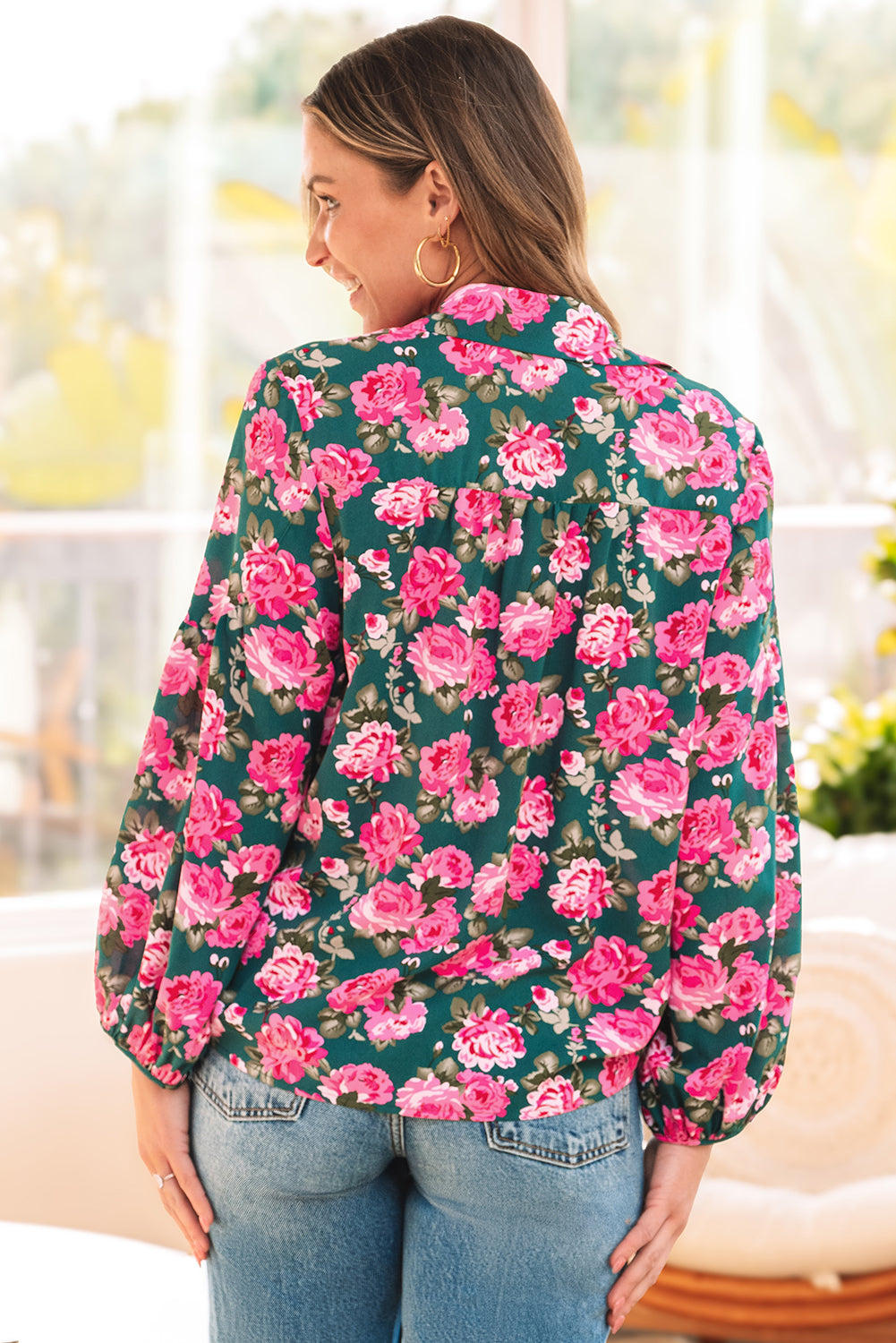 Green Floral Printed Tied Collar Puff Sleeve Blouse Blouses & Shirts JT's Designer Fashion