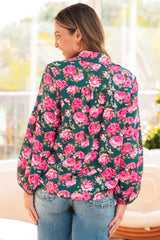Green Floral Printed Tied Collar Puff Sleeve Blouse Blouses & Shirts JT's Designer Fashion