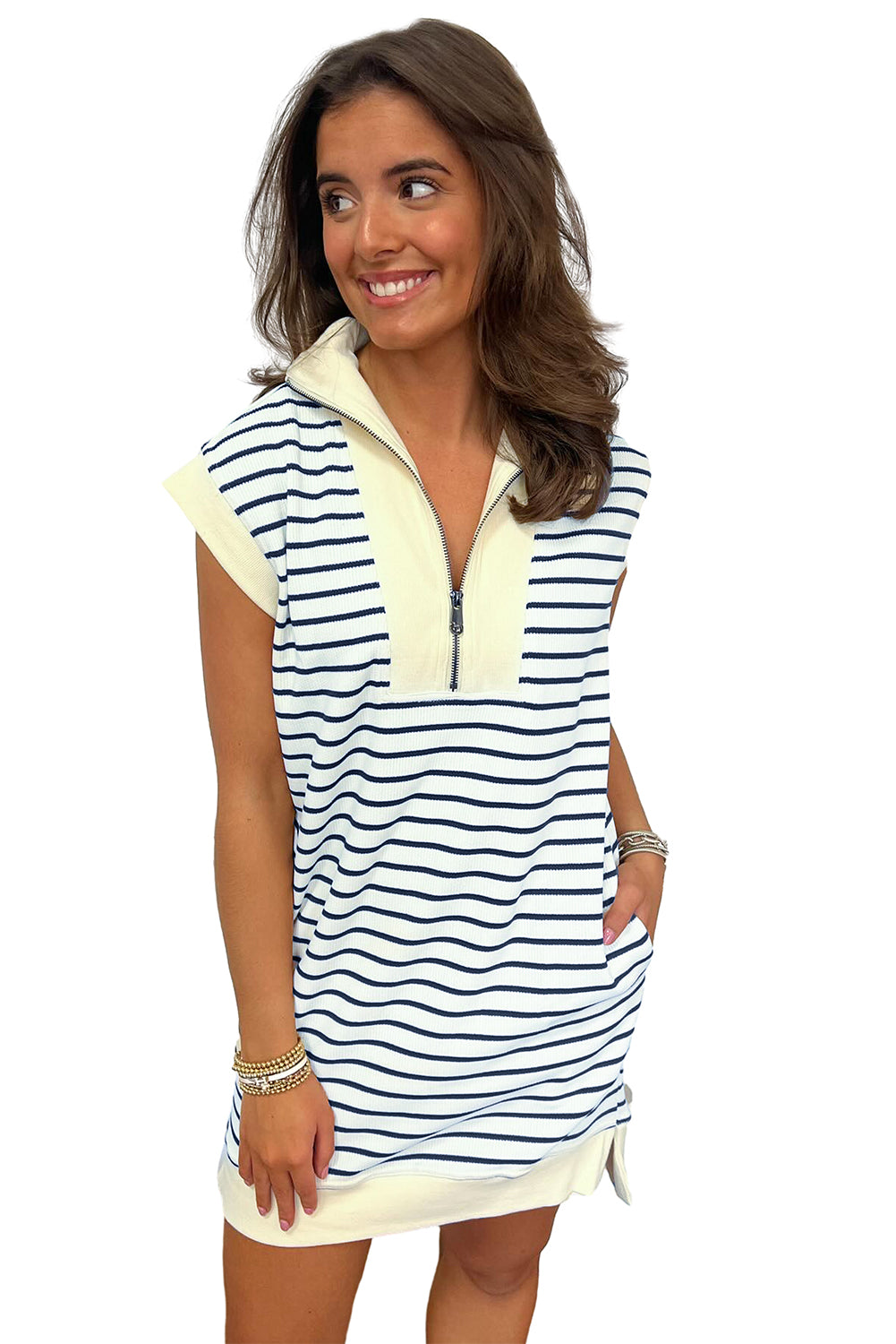 Blue Stripe Striped Quarter Zip Collared Cap Sleeve Mini Dress Dresses JT's Designer Fashion
