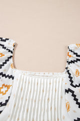 Beige Western Aztec Print Pleated Square Neck Loose Mini Dress Mini Dresses JT's Designer Fashion
