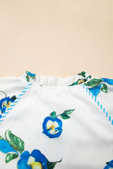 White Plus Size Floral Short Puff Sleeve Contrast Tie V Neck Dress Plus Size Mini Dresses JT's Designer Fashion