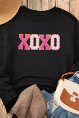 Black Chenille XOXO Patched Drop Shoulder Valentines Pullover Sweatshirt Graphic Sweatshirts JT's Designer Fashion