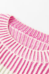 Pink Colorblock Textured Knit Bubble Sleeve Sweater Sweaters JT's Designer Fashion