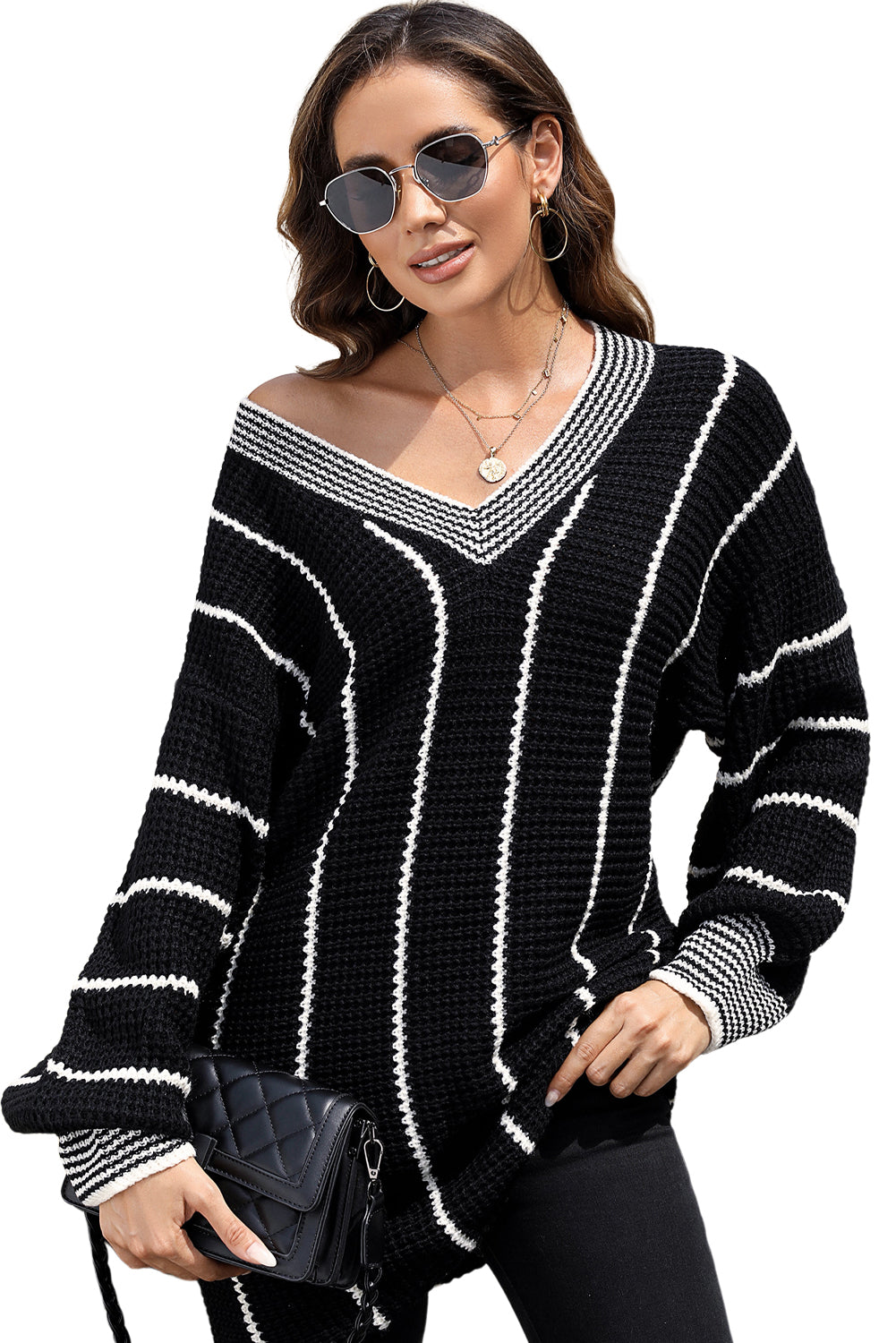 Black Colorblock Striped V Neck Knitted Loose Sweater Sweaters JT's Designer Fashion