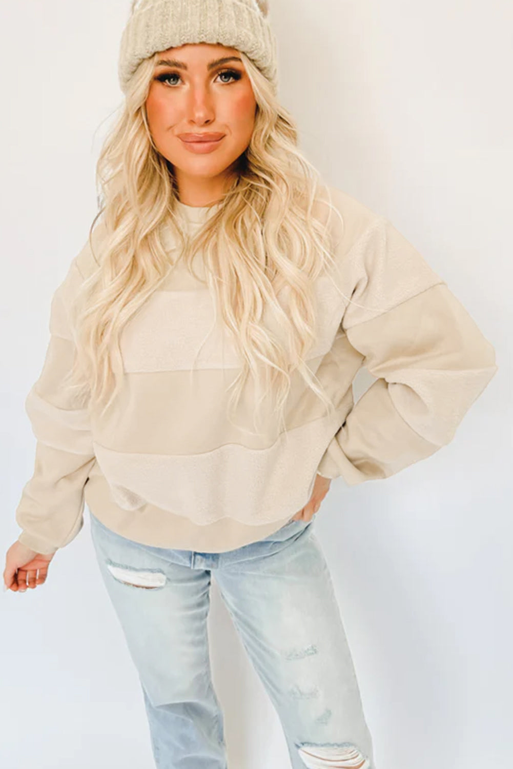 Oatmeal Contrast 2-tone Patchwork Raglan Sleeve Sweatshirt Sweatshirts & Hoodies JT's Designer Fashion