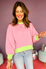 Pink Colorblock Bubble Sleeve Sweatshirt Sweatshirts & Hoodies JT's Designer Fashion