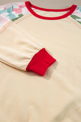 Beige Bowknot Printed Patchwork Raglan Sleeve Colorblock Edge Top Long Sleeve Tops JT's Designer Fashion