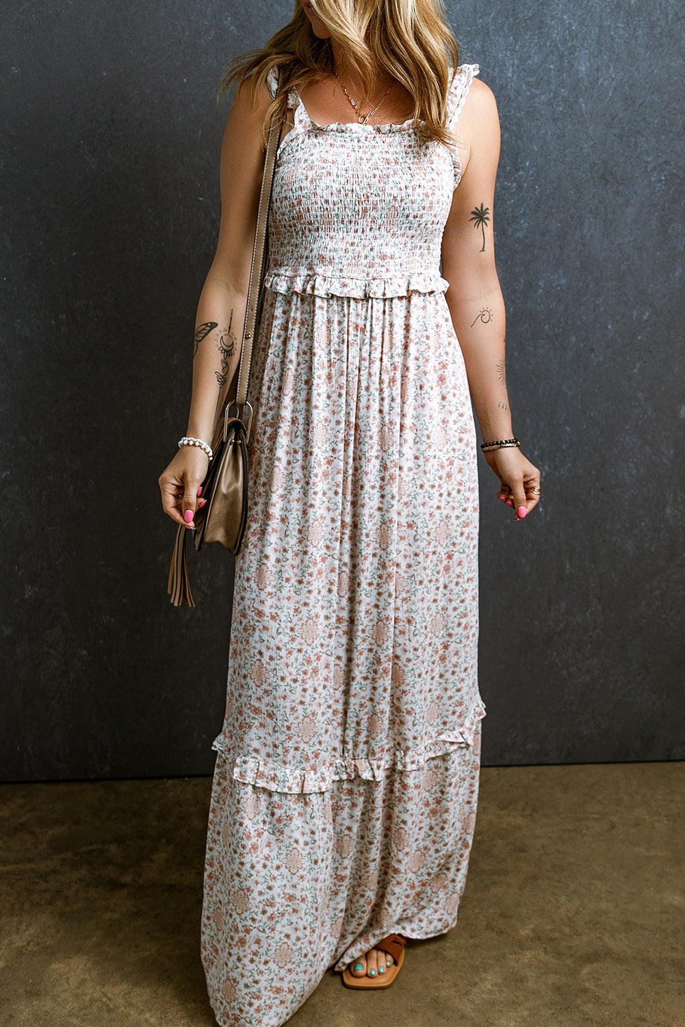 White Lace Frilly Straps Shirred Floral Maxi Dress Dresses JT's Designer Fashion
