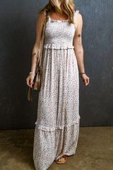 White Lace Frilly Straps Shirred Floral Maxi Dress Dresses JT's Designer Fashion