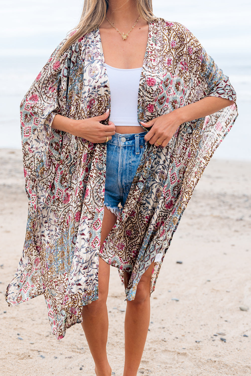 Apricot Floral Print Short Wide Sleeve Open Front Loose Kimono Kimonos JT's Designer Fashion