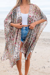 Apricot Floral Print Short Wide Sleeve Open Front Loose Kimono Kimonos JT's Designer Fashion