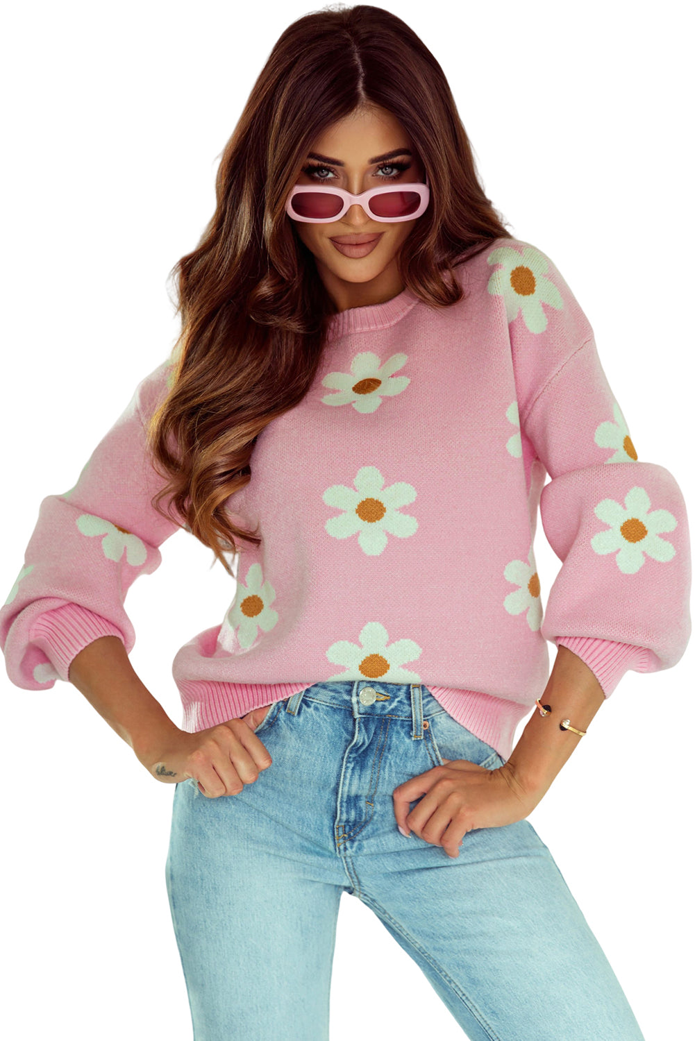 Pink Floral Pattern Drop Shoulder Sweater Sweaters JT's Designer Fashion