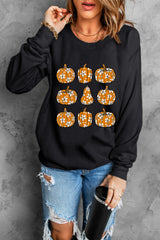 Black Floral Pumpkin Graphic Round Neck Halloween Sweatshirt Graphic Sweatshirts JT's Designer Fashion