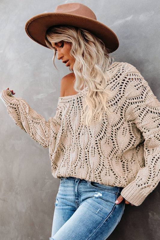 Apricot Crochet Knit Ribbed Hem Hollow-out Sweater Sweaters JT's Designer Fashion