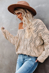 Apricot Crochet Knit Ribbed Hem Hollow-out Sweater Sweaters JT's Designer Fashion