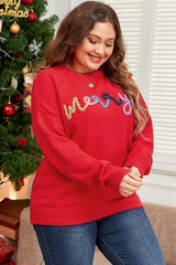 Fiery Red Tinsel merry Pattern Drop Shoulder Plus Size Sweater Plus Size Sweaters & Cardigans JT's Designer Fashion