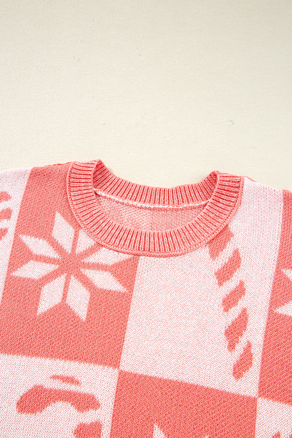 Pink Candycane Snowflake Checker Christmas Holiday Drop Shoulder Tunic Loose Sweater Sweaters JT's Designer Fashion