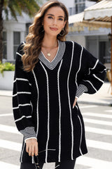 Black Colorblock Striped V Neck Knitted Loose Sweater Sweaters JT's Designer Fashion