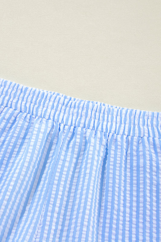 Sky Blue Stripe V Neck Bowknot Crop Tank and Shorts Set Short Sets JT's Designer Fashion