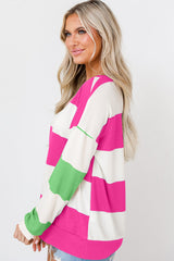 Rose Red Colorblock Striped Drop Shoulder Long Sleeve Top Long Sleeve Tops JT's Designer Fashion