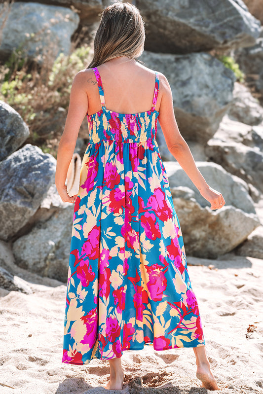 Dark Blue Floral High Waist Sleeveless Flared Long Dress Floral Dresses JT's Designer Fashion