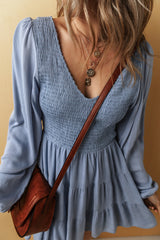 Ashleigh Blue Long Sleeve V Neck Smocked Tiered Mini Dress Mini Dresses JT's Designer Fashion