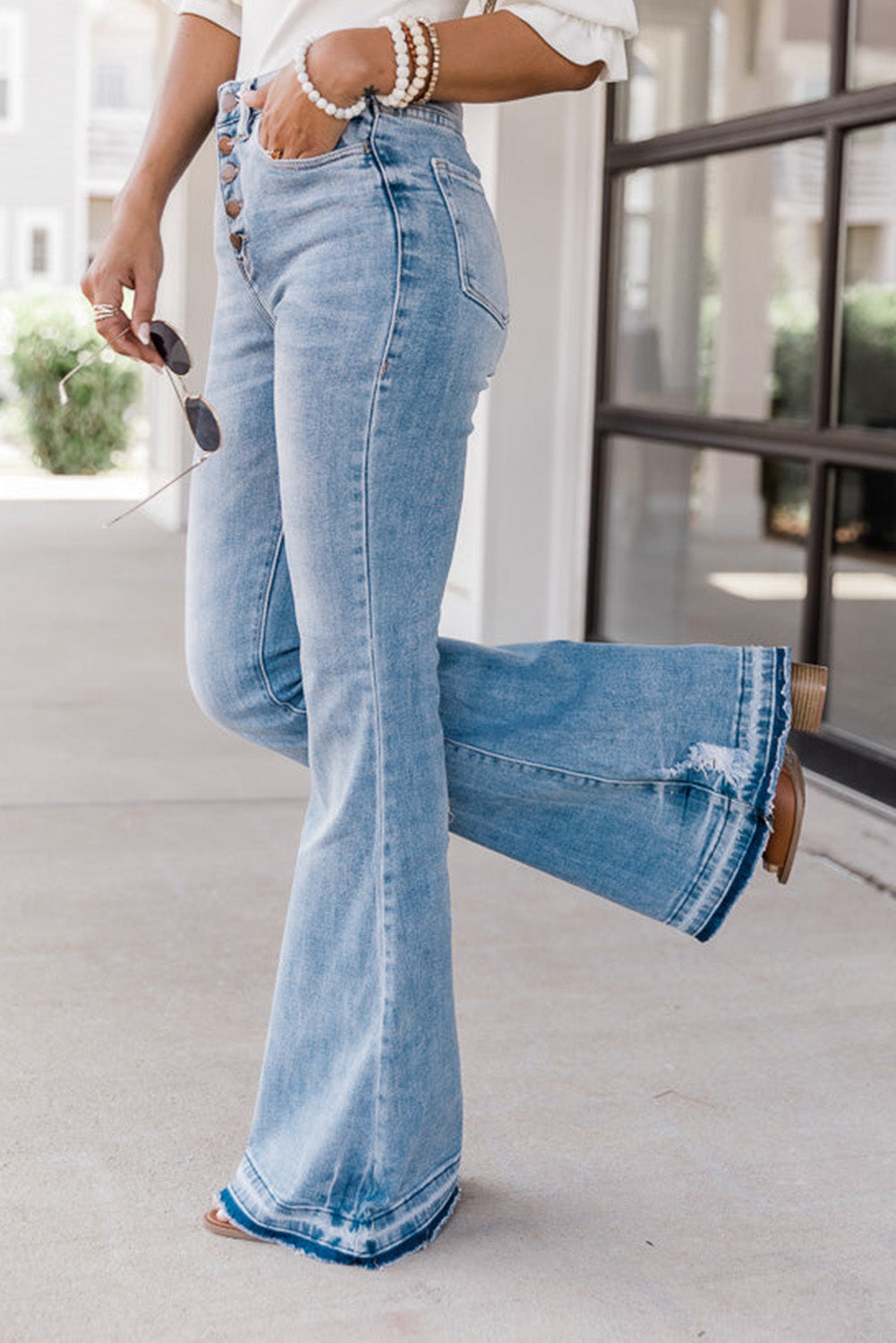 Sky Blue High Waist Buttoned Distressed Flared Jeans Jeans JT's Designer Fashion